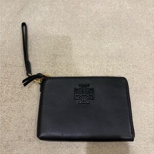 Tory Burch Black Leather Wristlet Clutch with Gold Hardware